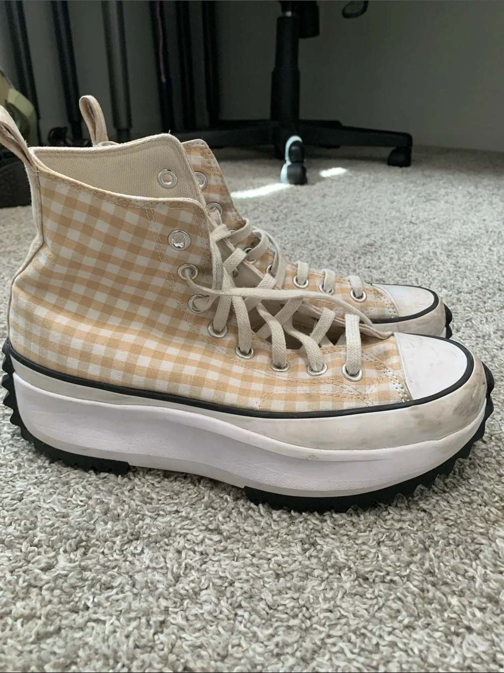 Converse Chunky High-Top Gingham Platform Sneakers in Beige and White